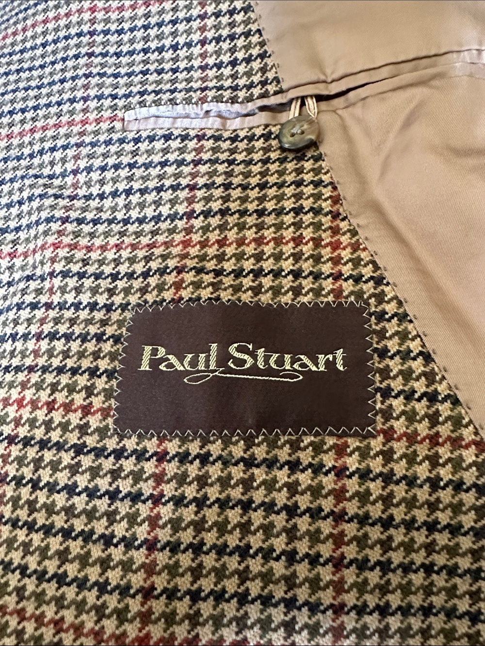 Paul Stuart Tan Navy Brown Houndstooth Wool Men’s Sports Coat Blazer Size 42 R